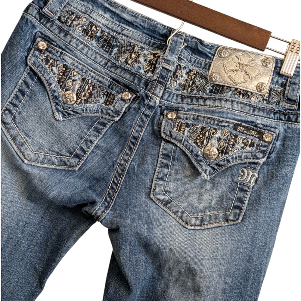 MISS ME Bootcut Jeans Womens 29 Dark Wash Rhinestone Studded Pockets & Waist Y2K